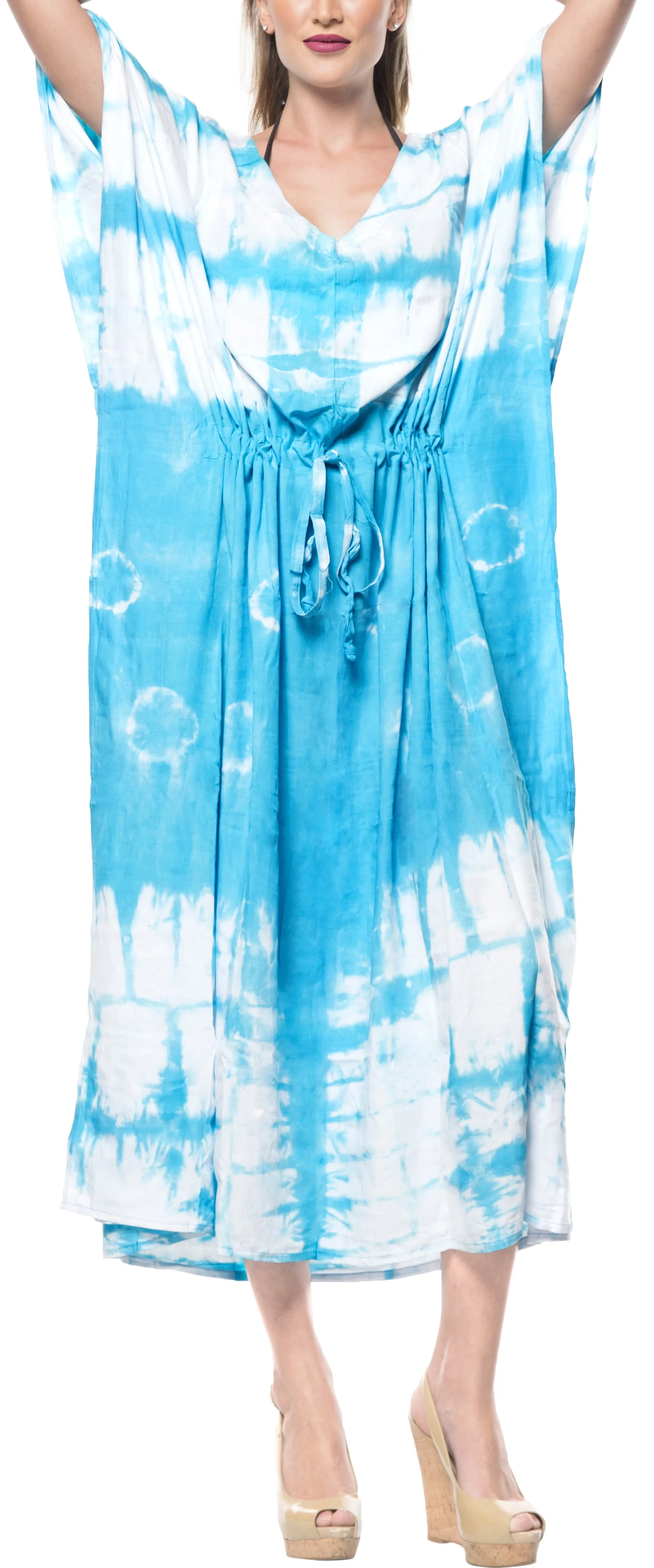LA LEELA Rayon Tie_Dye Caftan Beach Dress Loose Gown Women Blue_1396 OSFM 14-32W