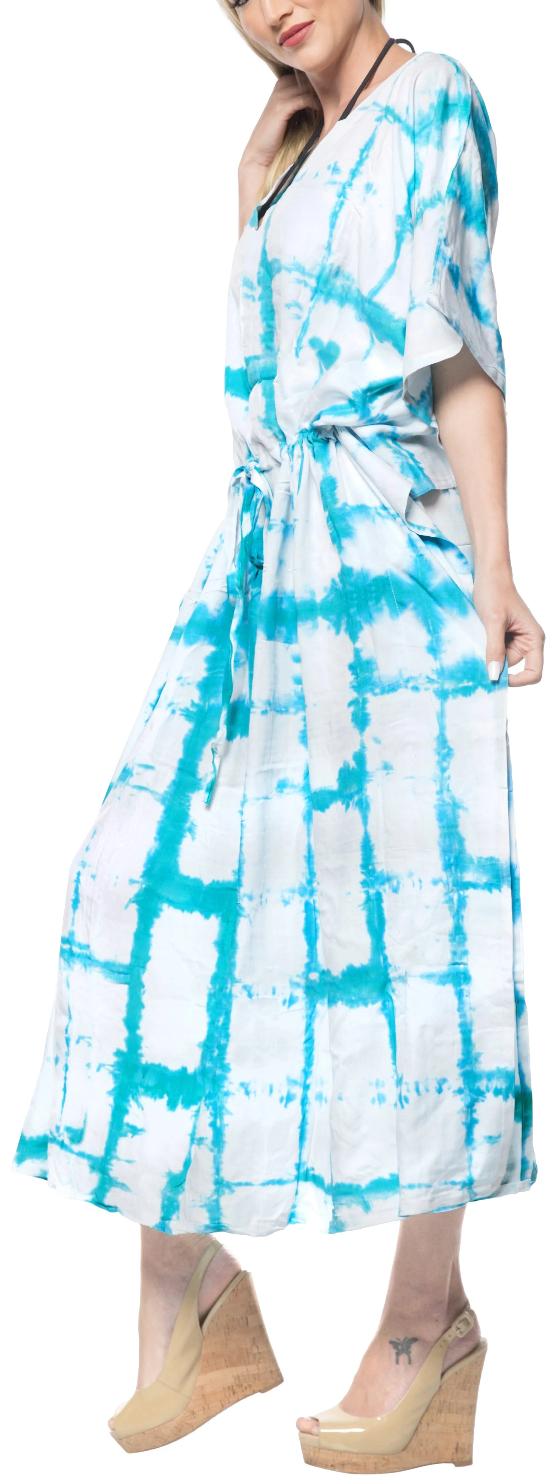 LA LEELA Rayon Tie_Dye Caftan Beach Dress Loose Gown Women Blue_1410 OSFM 14-32W