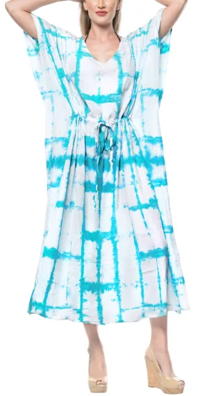 LA LEELA Rayon Tie_Dye Caftan Beach Dress Loose Gown Women Blue_1410 OSFM 14-32W