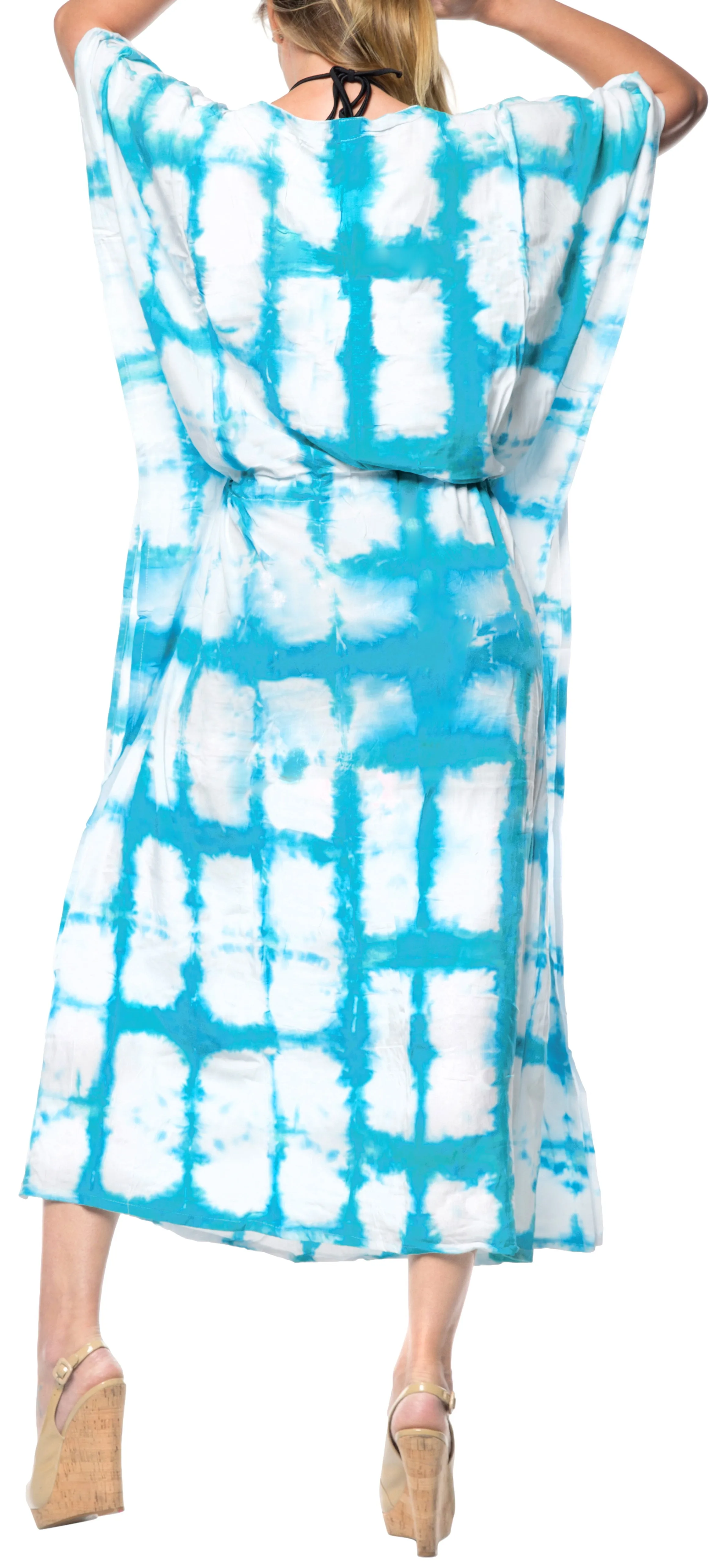 LA LEELA Rayon Tie_Dye Caftan Beach Dress Loose Gown Women Blue_1410 OSFM 14-32W