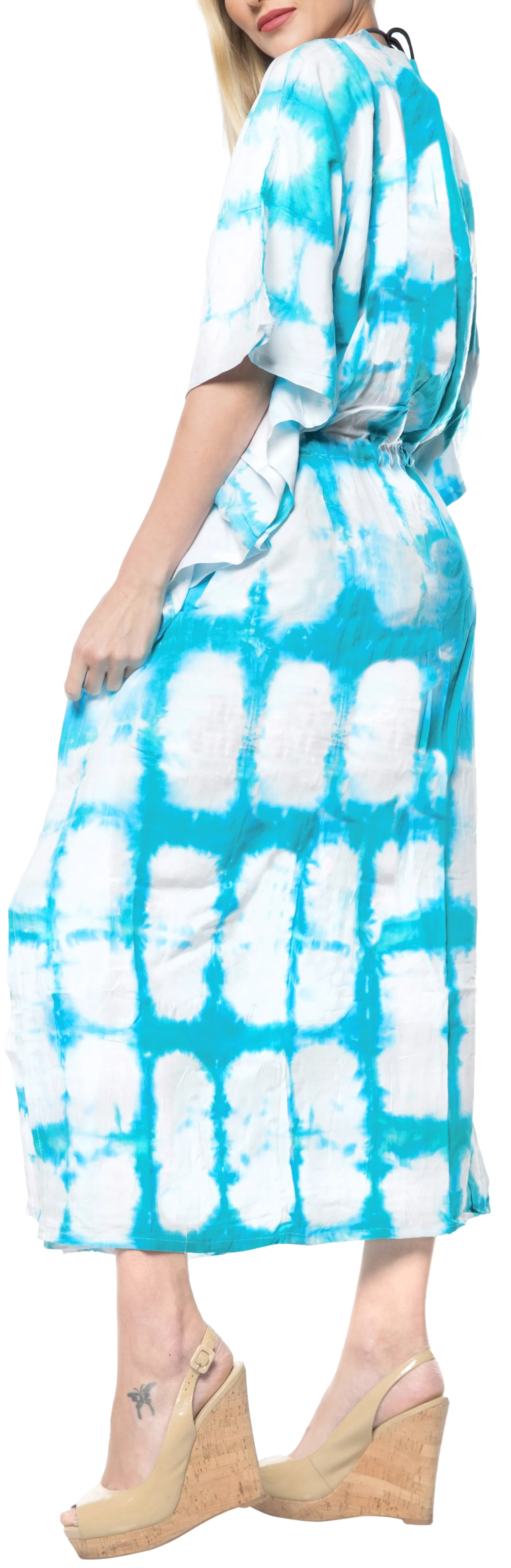 LA LEELA Rayon Tie_Dye Caftan Beach Dress Loose Gown Women Blue_1410 OSFM 14-32W