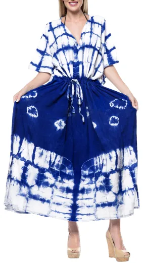 LA LEELA Rayon Tie_Dye Caftan Beach Dress Royal Blue_1397 OSFM 14-32W [L-5X]