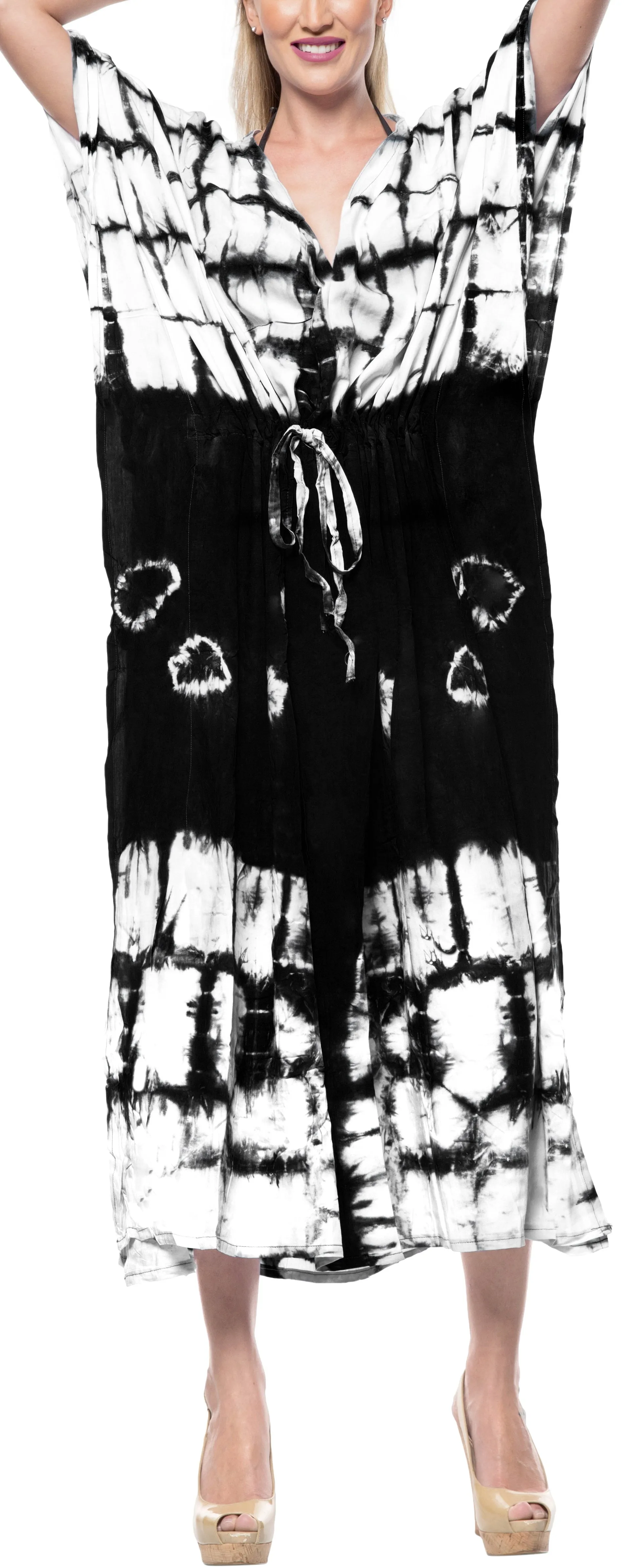LA LEELA Rayon Tie_Dye Caftan Beach Dress Vacation White_1399 OSFM 14-32W [L-5X]