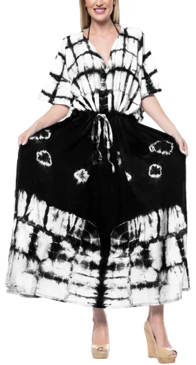 LA LEELA Rayon Tie_Dye Caftan Beach Dress Vacation White_1399 OSFM 14-32W [L-5X]