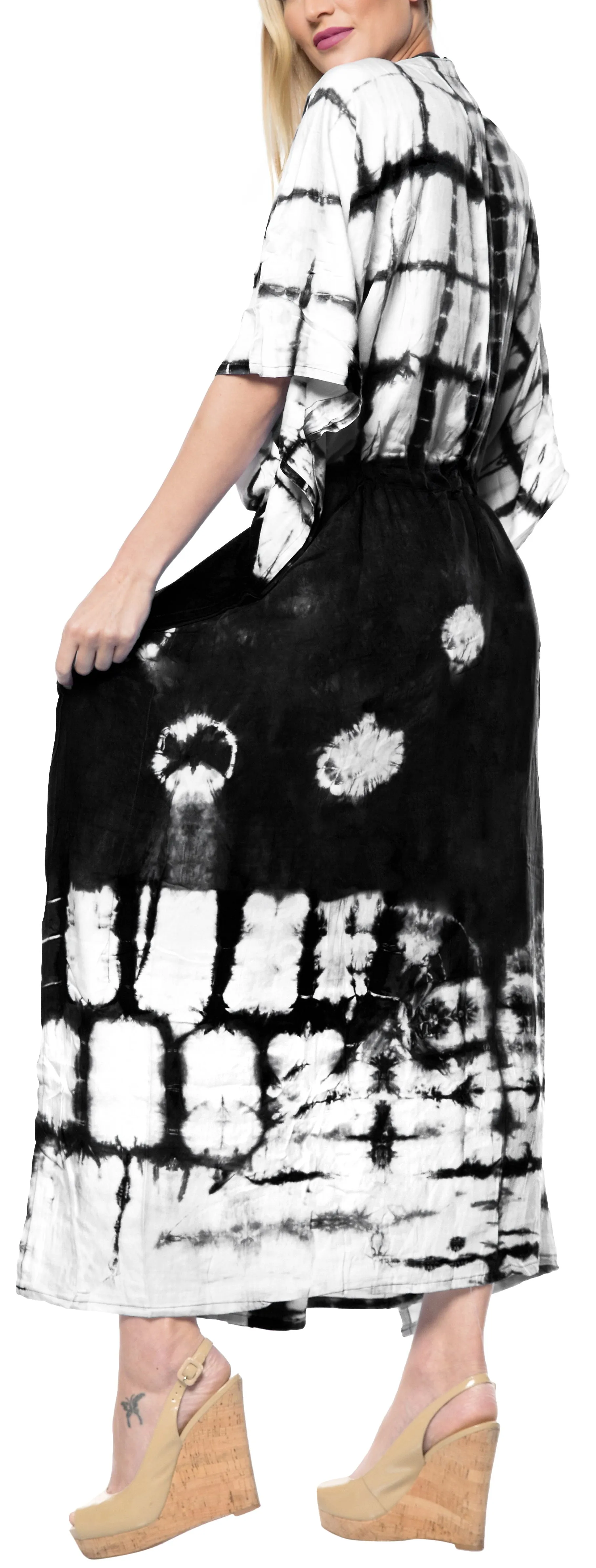 LA LEELA Rayon Tie_Dye Caftan Beach Dress Vacation White_1399 OSFM 14-32W [L-5X]