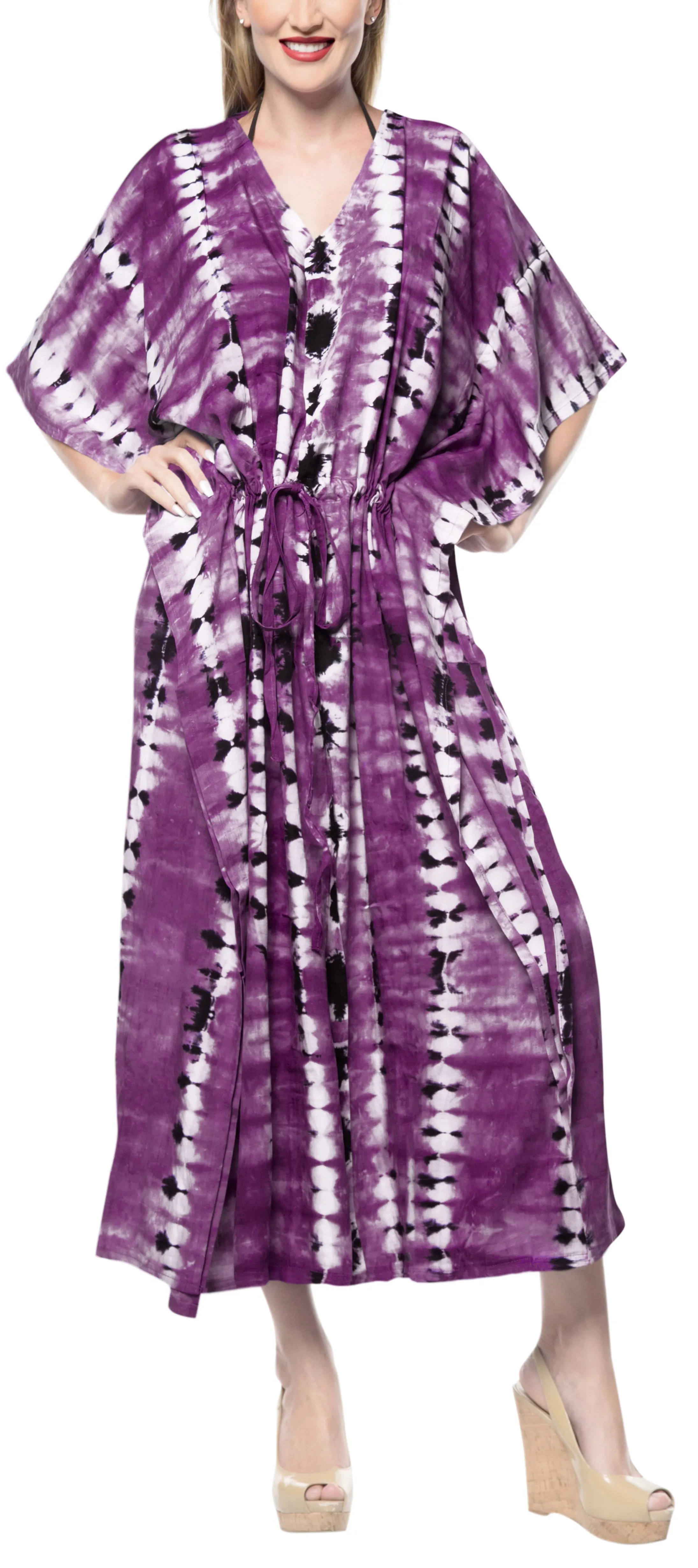 LA LEELA Rayon Tie_Dye Caftan Beach Dress Women Purple_1369 OSFM 14-32W