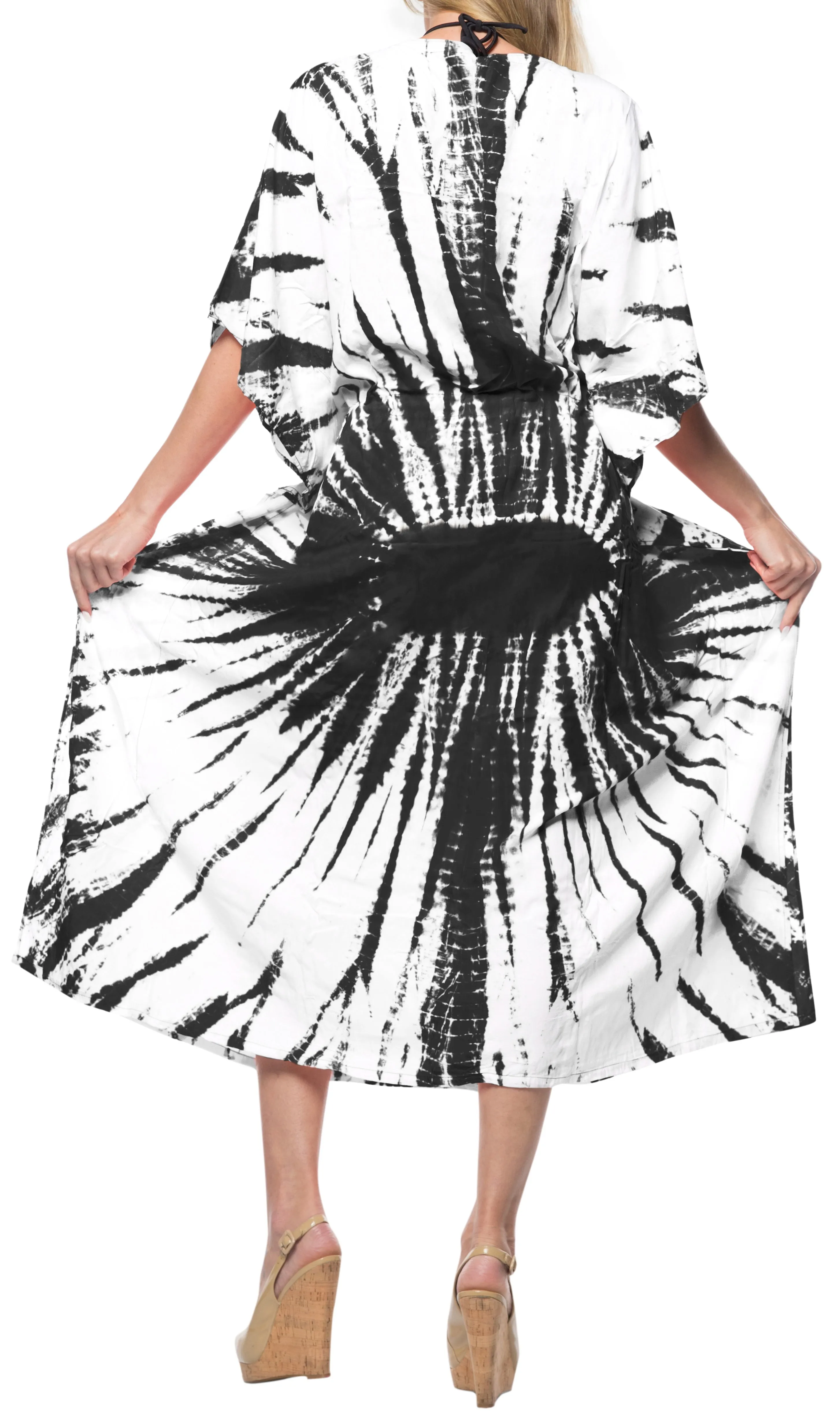 LA LEELA Rayon Tie_Dye Caftan Swimwear Beach Dress White_1393 OSFM 14-22W