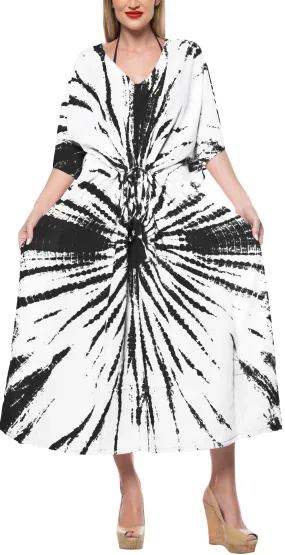LA LEELA Rayon Tie_Dye Caftan Swimwear Beach Dress White_1393 OSFM 14-22W