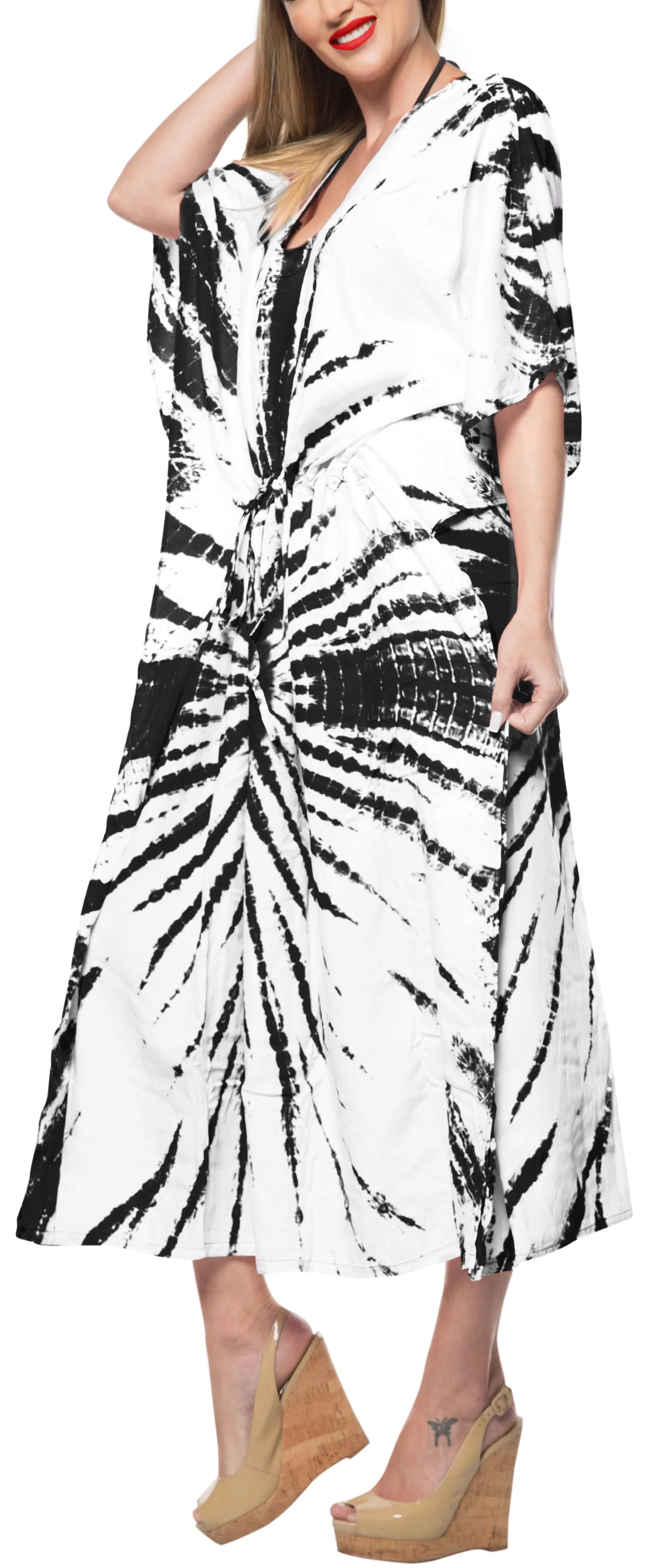 LA LEELA Rayon Tie_Dye Caftan Swimwear Beach Dress White_1393 OSFM 14-22W