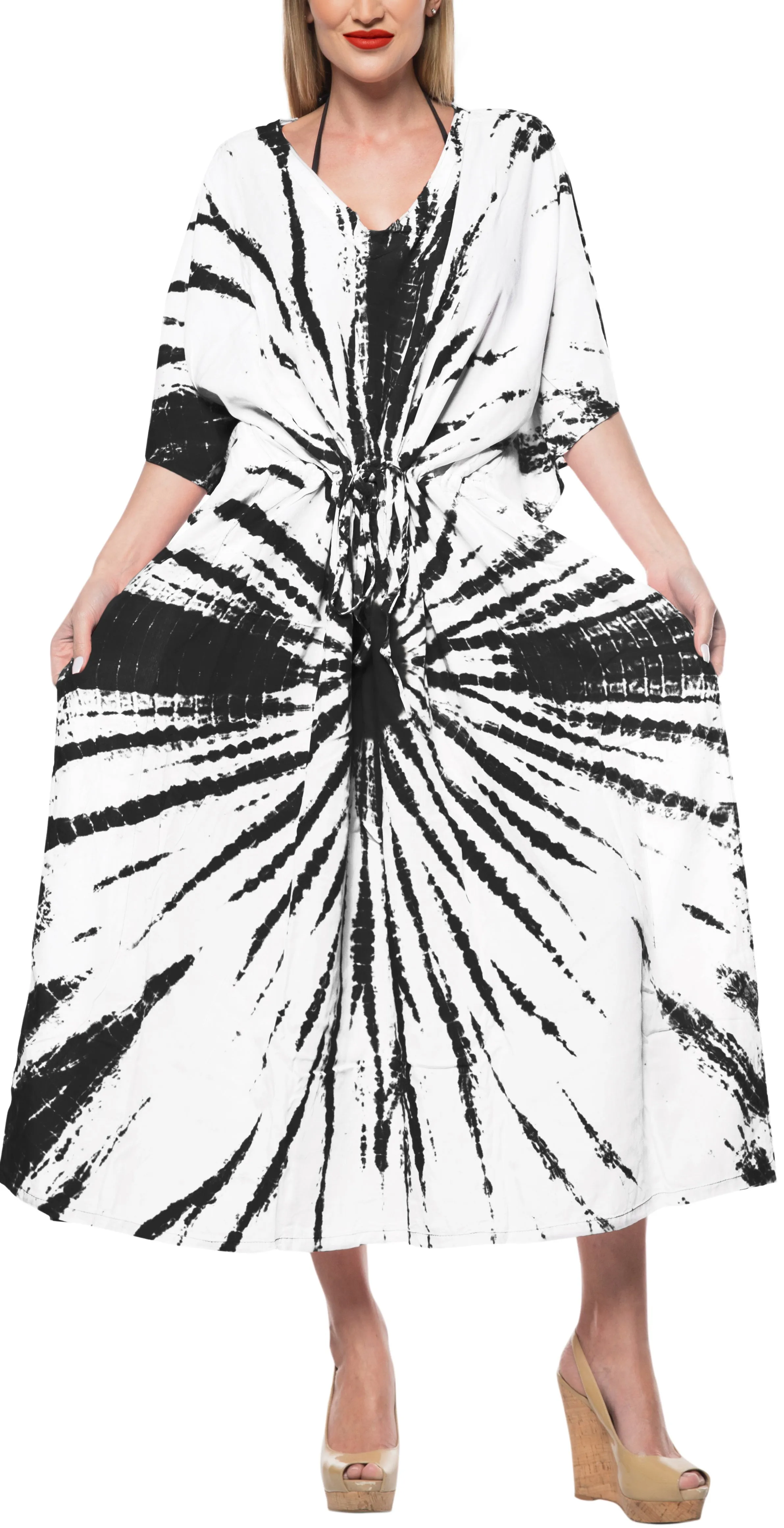 LA LEELA Rayon Tie_Dye Caftan Swimwear Beach Dress White_1393 OSFM 14-22W
