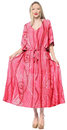 LA LEELA Rayon Tie_Dye Caftan Tunic Beach Dress Women Red_1376 OSFM 14-32W