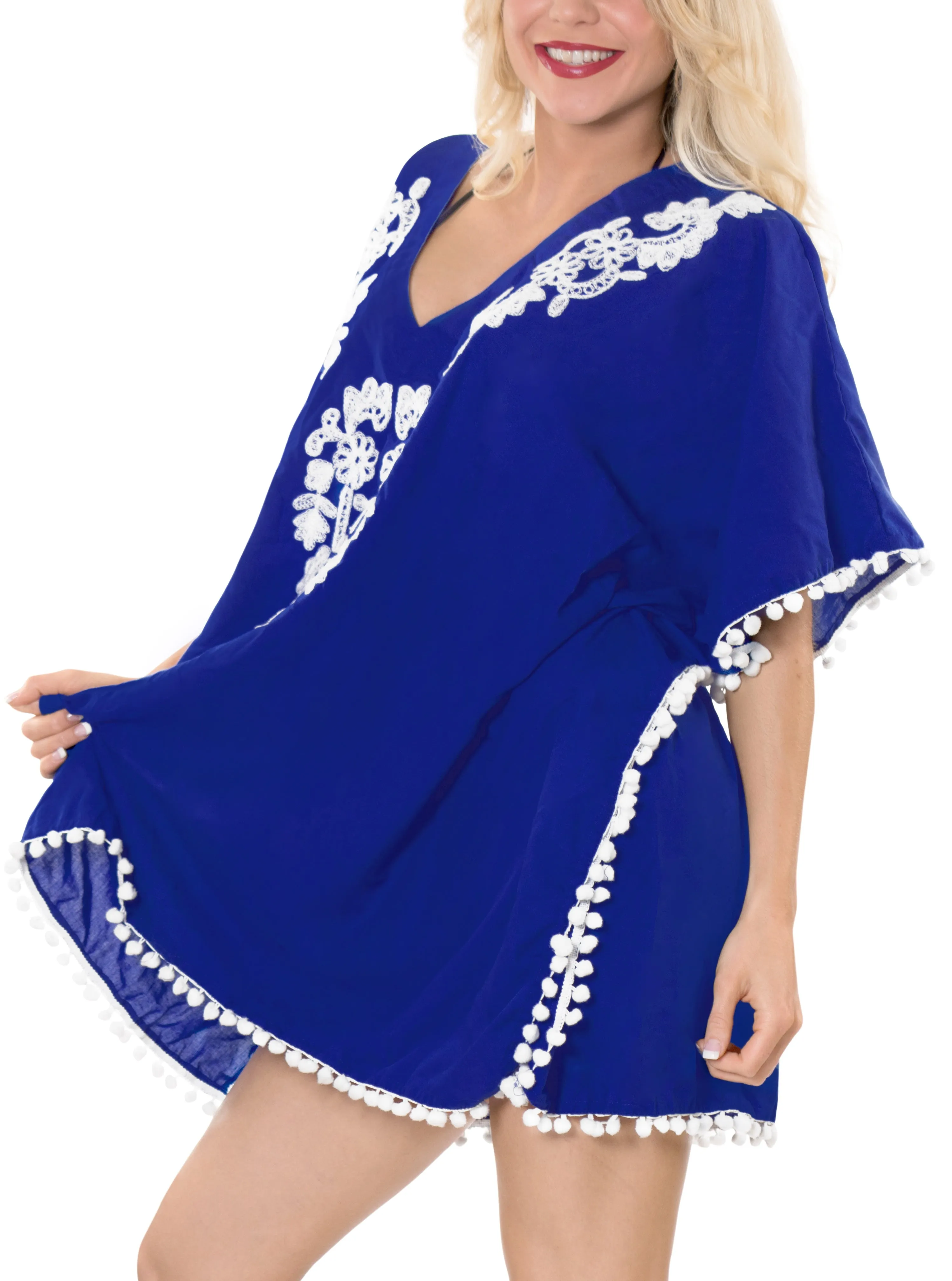 LA LEELA Swim Beach Swimsuit Coverup Women Kimono Dress Embroidered OSFM 16-24 [XL-3X] Blue_H469