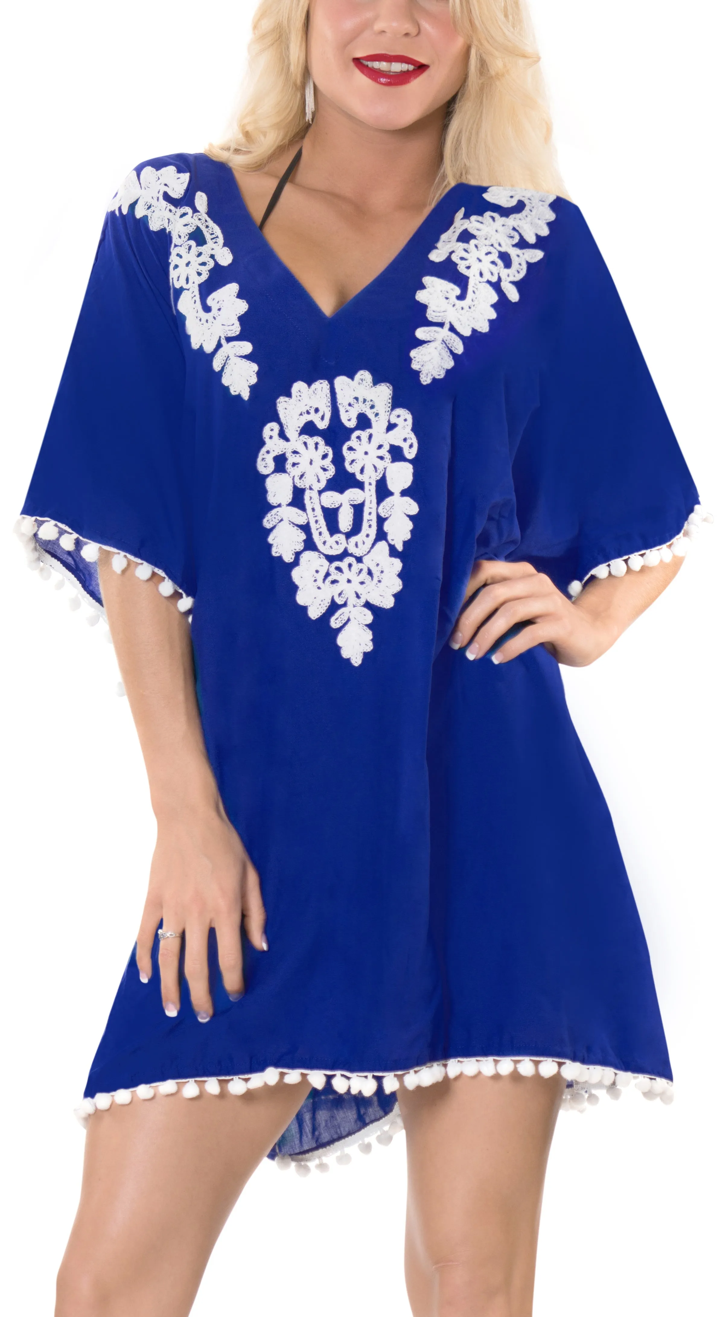 LA LEELA Swim Beach Swimsuit Coverup Women Kimono Dress Embroidered OSFM 16-24 [XL-3X] Blue_H469