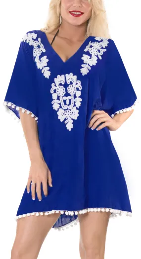 LA LEELA Swim Beach Swimsuit Coverup Women Kimono Dress Embroidered OSFM 16-24 [XL-3X] Blue_H469