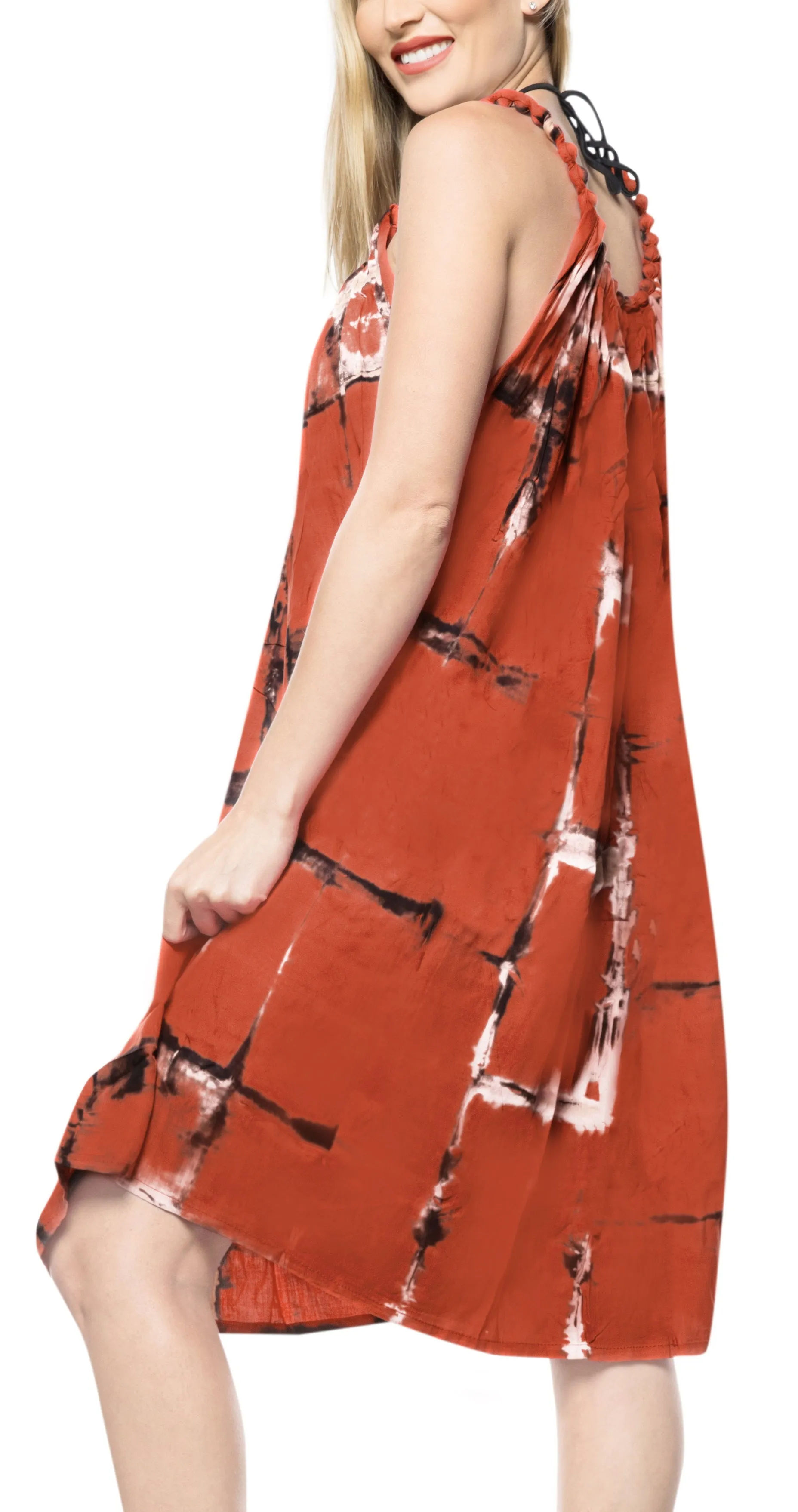 LA LEELA Tie Dye Beach Dresses Luau Length Knee OSFM 14-18  Orange_3476