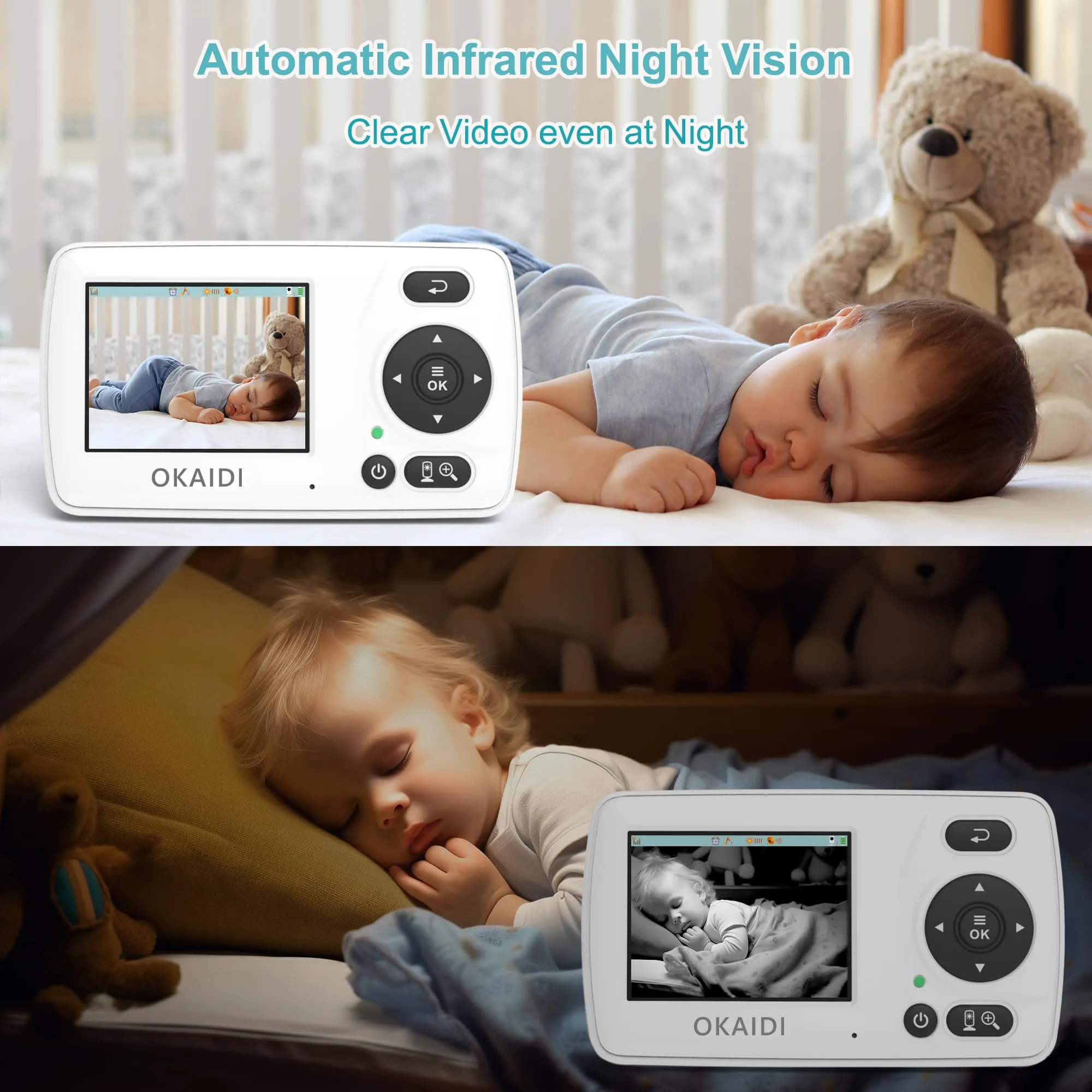 OKAIDI Video Baby Monitor with Camera and Audio, 2.4'' Portable Travel Screen, 1000ft Long Range Transmission, Baby Monitor No WiFi, Infrared Night Vision, VOX Mode, 20H Battery, Smart Alert