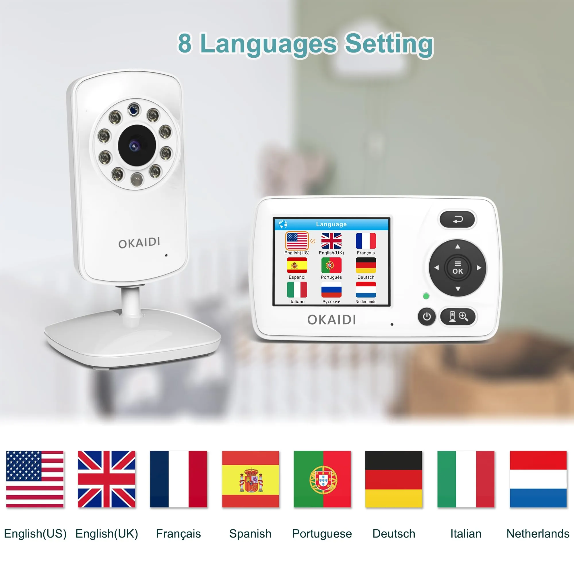 OKAIDI Video Baby Monitor with Camera and Audio, 2.4'' Portable Travel Screen, 1000ft Long Range Transmission, Baby Monitor No WiFi, Infrared Night Vision, VOX Mode, 20H Battery, Smart Alert