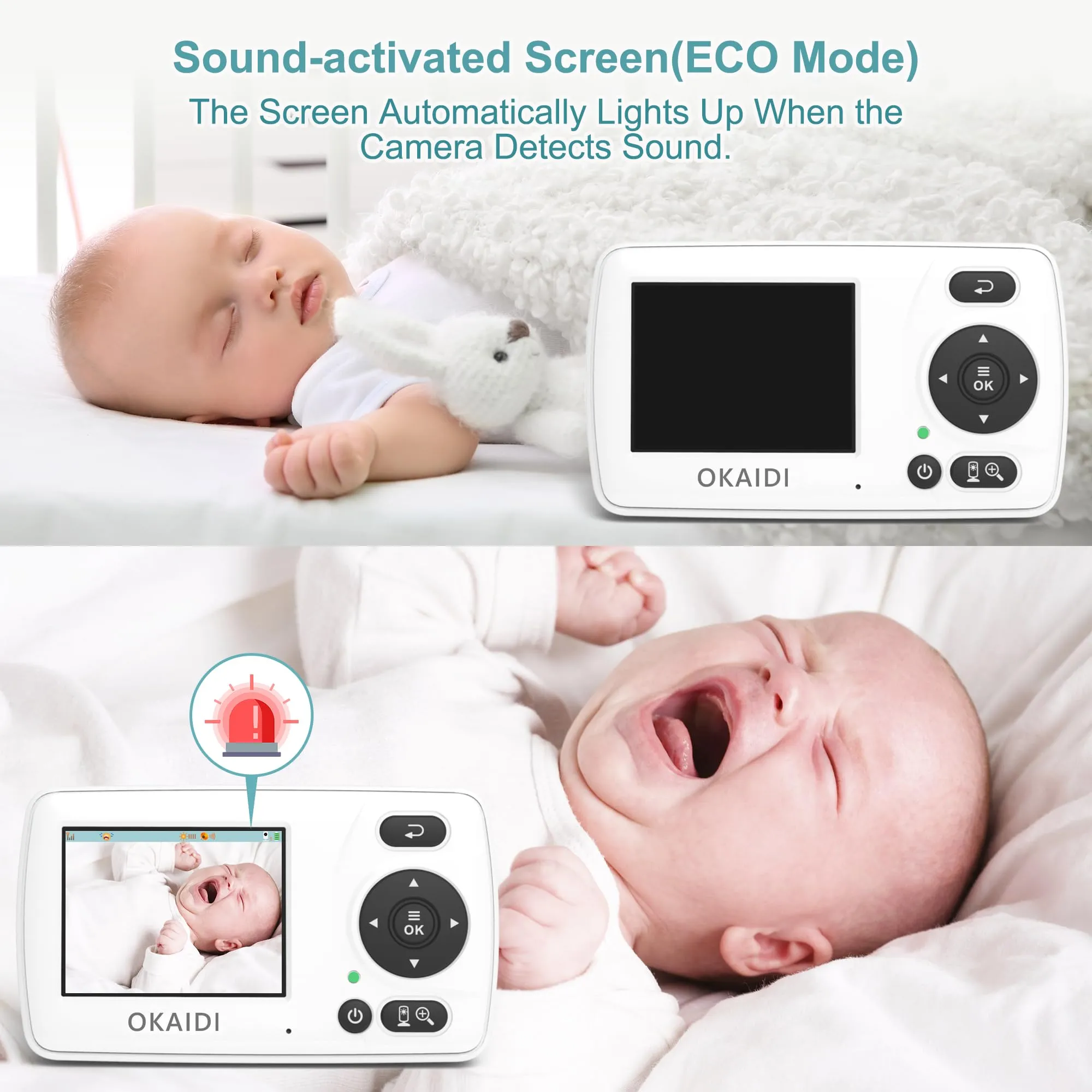 OKAIDI Video Baby Monitor with Camera and Audio, 2.4'' Portable Travel Screen, 1000ft Long Range Transmission, Baby Monitor No WiFi, Infrared Night Vision, VOX Mode, 20H Battery, Smart Alert