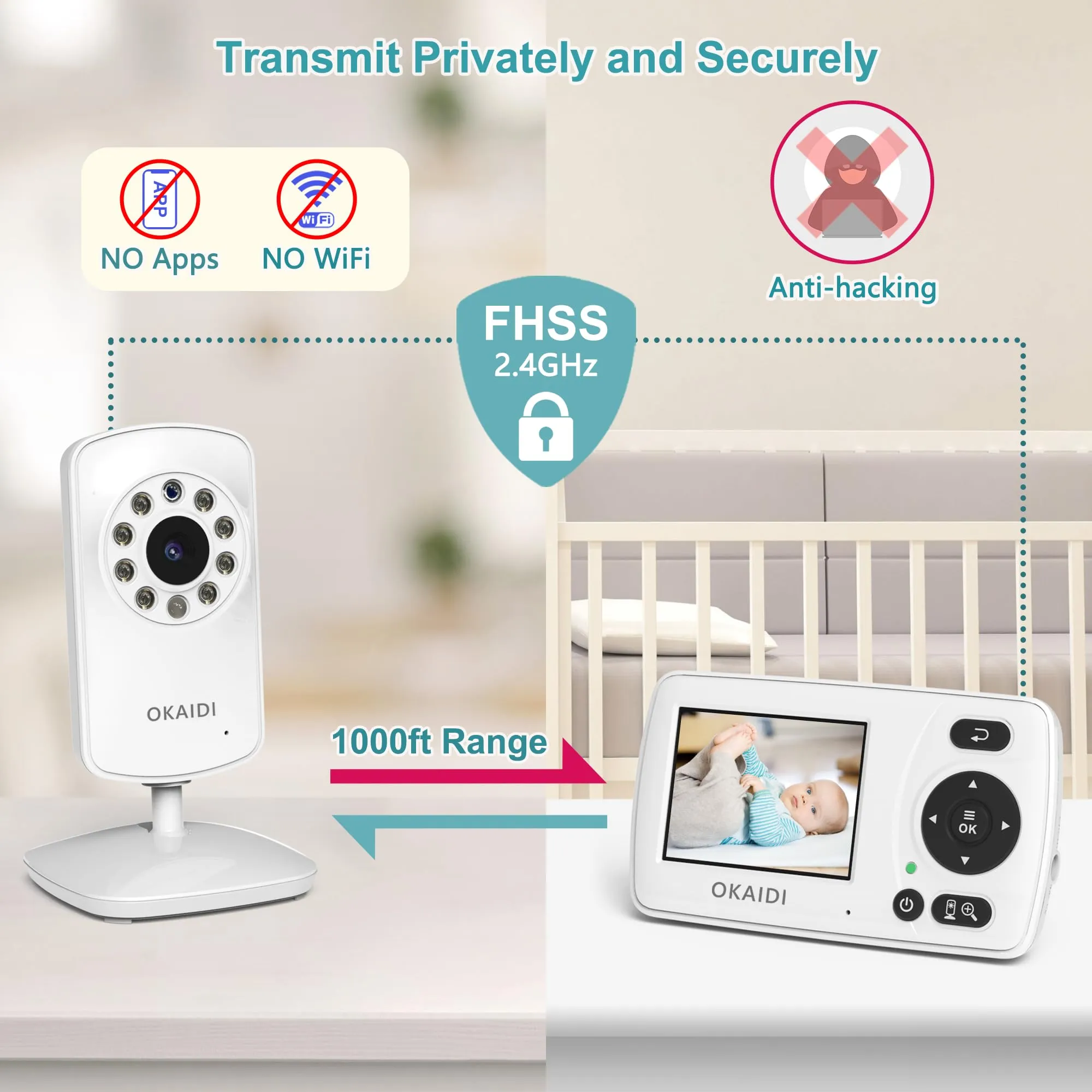 OKAIDI Video Baby Monitor with Camera and Audio, 2.4'' Portable Travel Screen, 1000ft Long Range Transmission, Baby Monitor No WiFi, Infrared Night Vision, VOX Mode, 20H Battery, Smart Alert