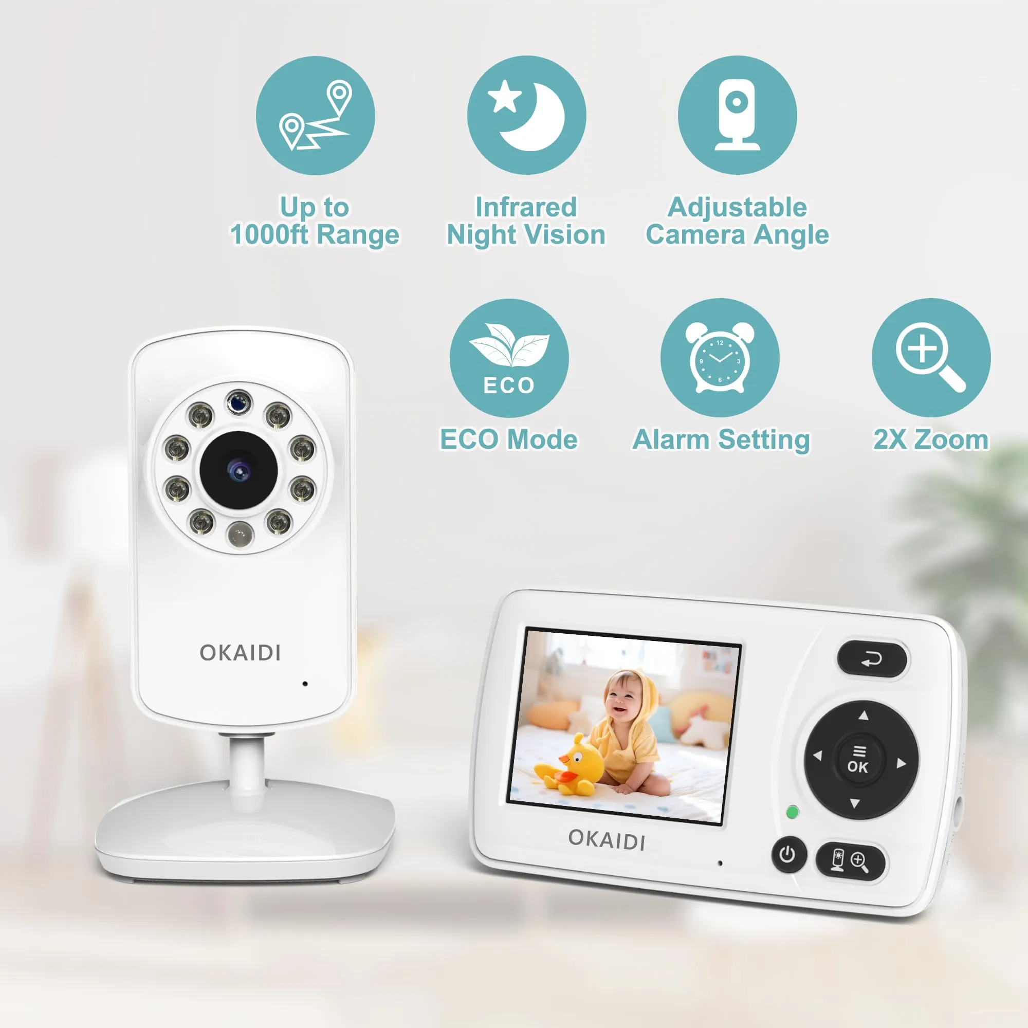 OKAIDI Video Baby Monitor with Camera and Audio, 2.4'' Portable Travel Screen, 1000ft Long Range Transmission, Baby Monitor No WiFi, Infrared Night Vision, VOX Mode, 20H Battery, Smart Alert