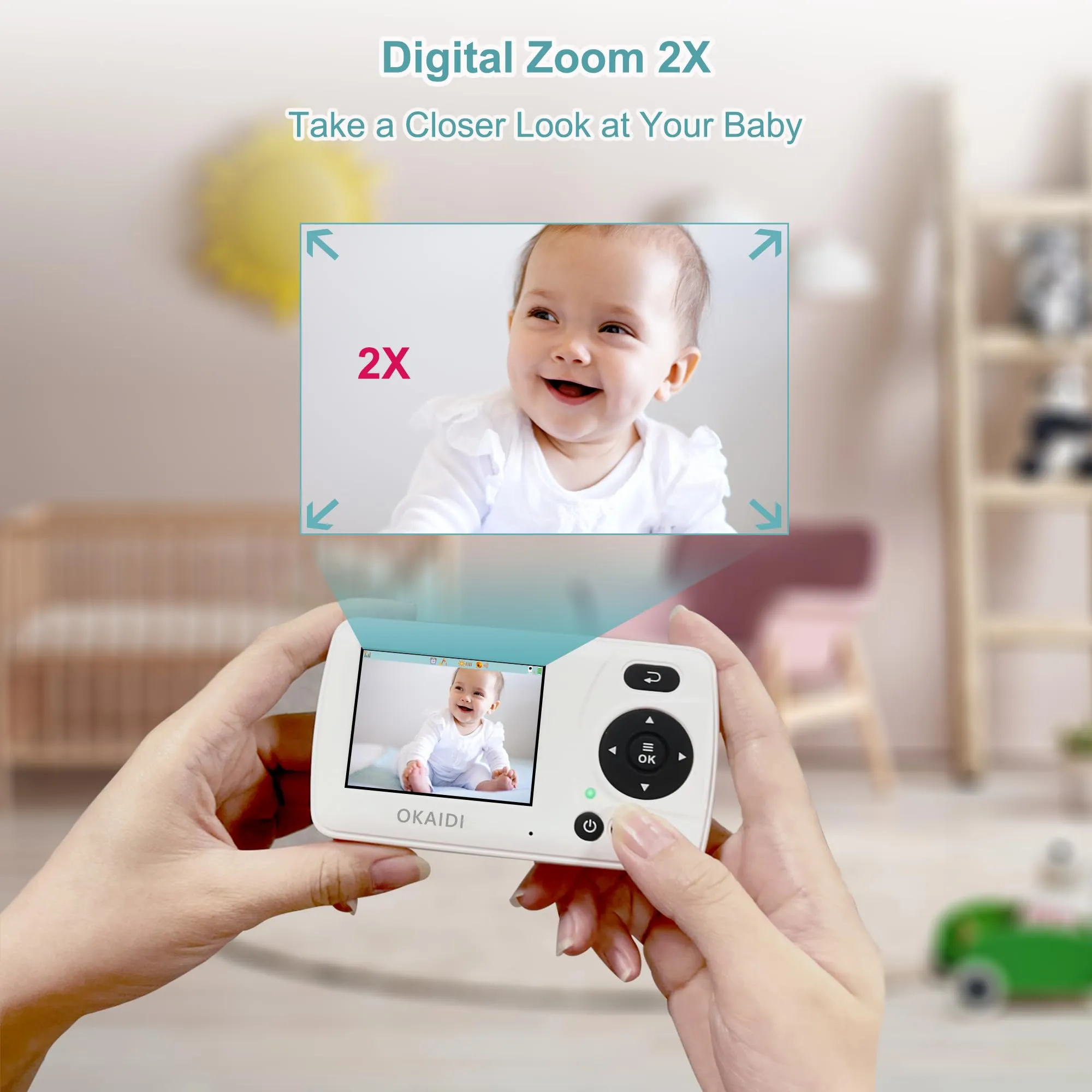 OKAIDI Video Baby Monitor with Camera and Audio, 2.4'' Portable Travel Screen, 1000ft Long Range Transmission, Baby Monitor No WiFi, Infrared Night Vision, VOX Mode, 20H Battery, Smart Alert