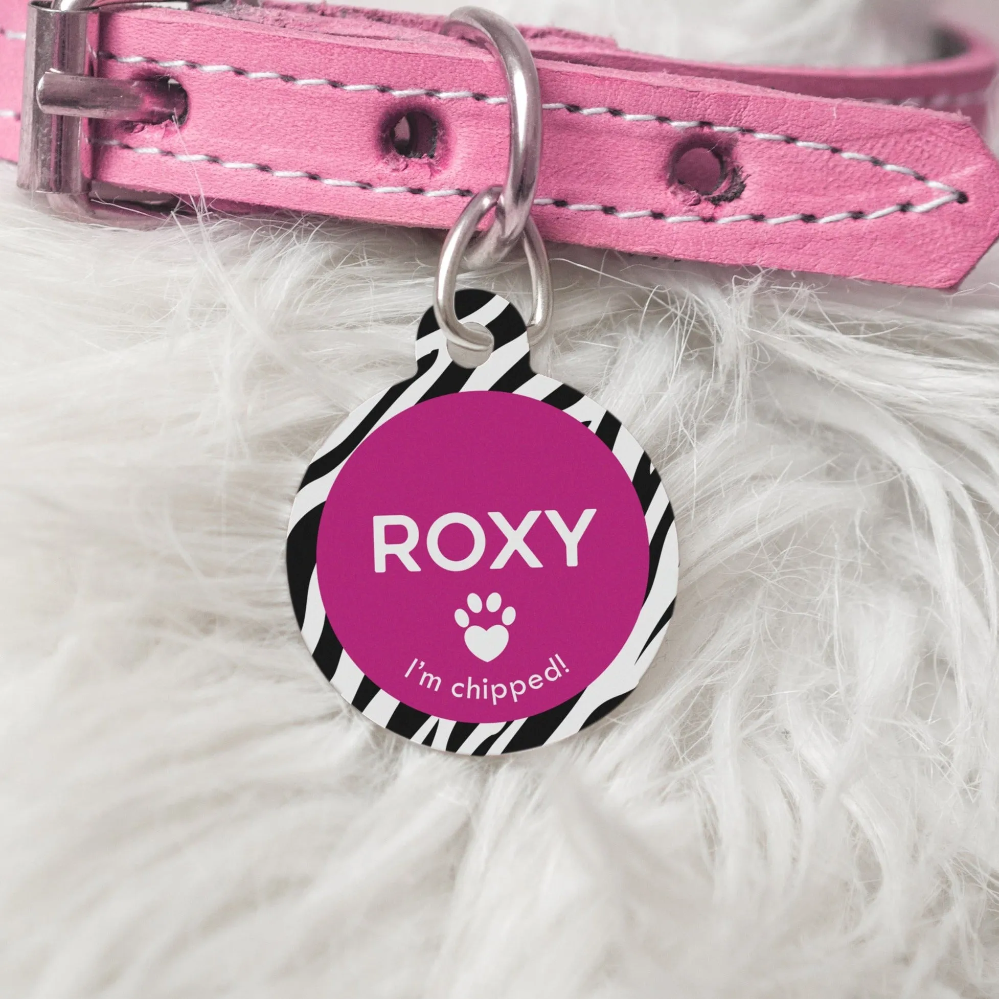 Personalised Zebra Print Round Pet Name ID Tag