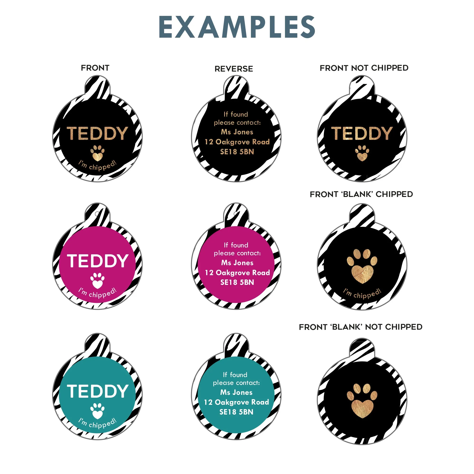 Personalised Zebra Print Round Pet Name ID Tag