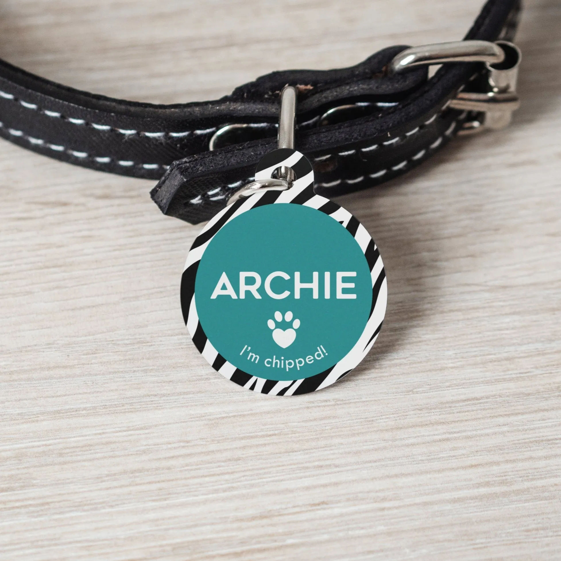 Personalised Zebra Print Round Pet Name ID Tag