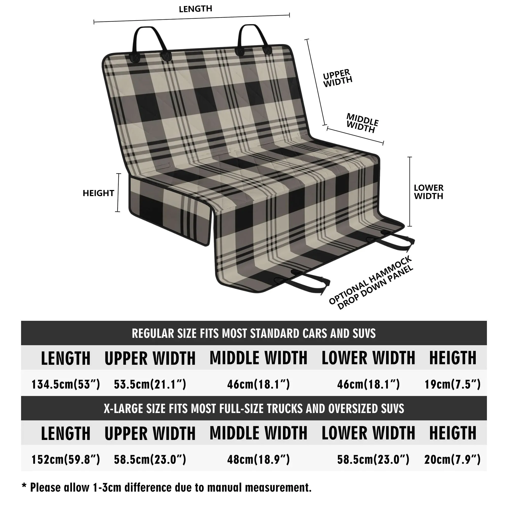 Plaid Dog Back Seat Cover, Black Grey Tartan Check Cat Protector Pets Waterproof Washable Vehicle Blanket SUV Auto Truck Accessory