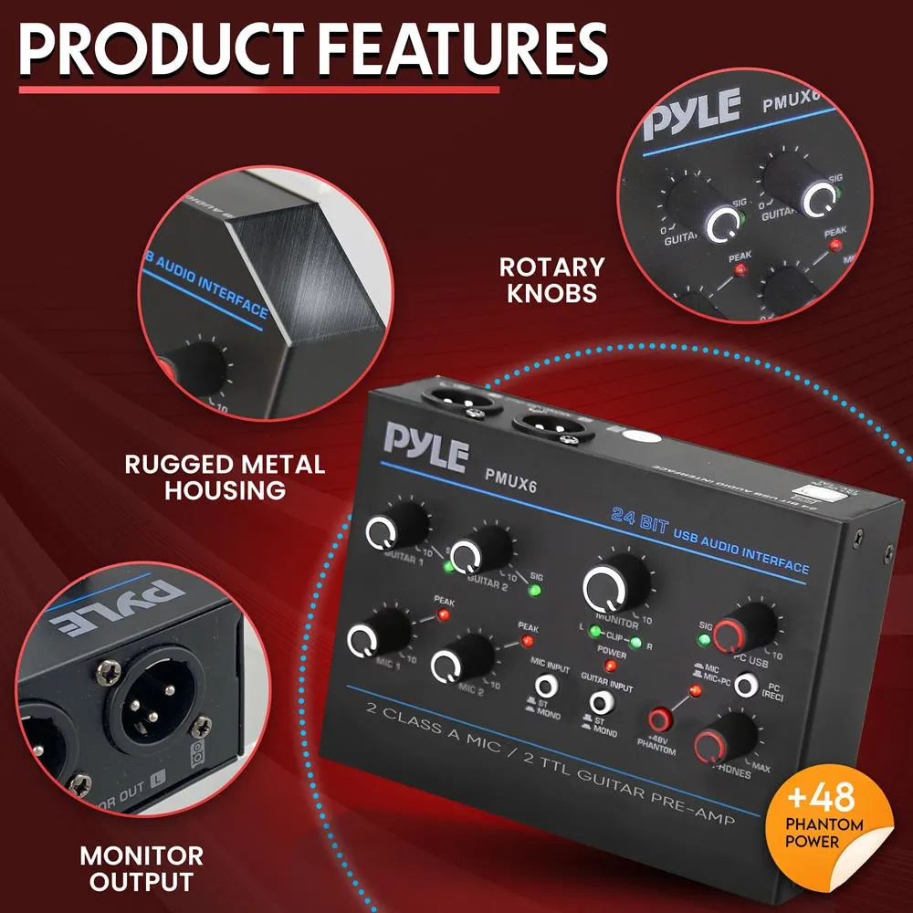 Professional Usb Audio Interface With Mic/Line, Guitar, Aux Stereo And Rca Inputs, Phone/Stereo/Monitor Outputs