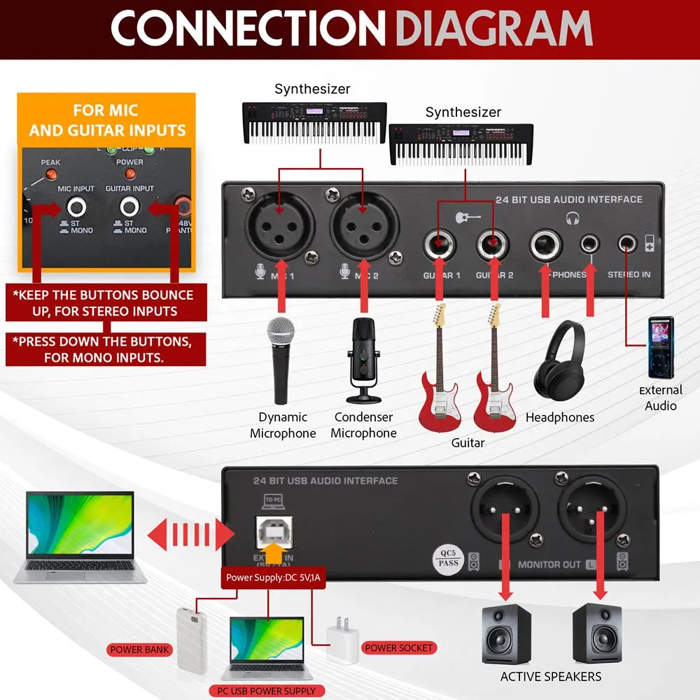 Professional Usb Audio Interface With Mic/Line, Guitar, Aux Stereo And Rca Inputs, Phone/Stereo/Monitor Outputs