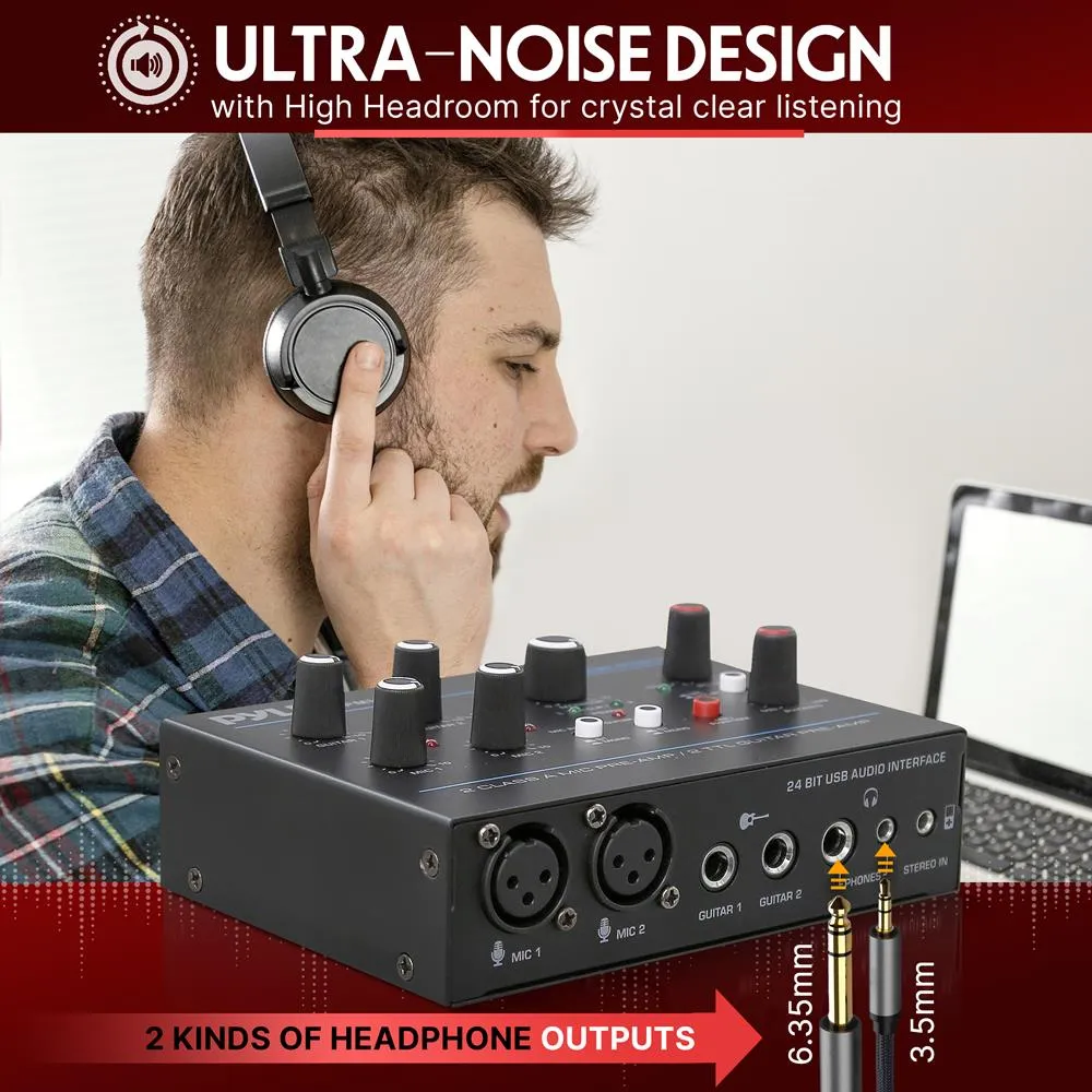 Professional Usb Audio Interface With Mic/Line, Guitar, Aux Stereo And Rca Inputs, Phone/Stereo/Monitor Outputs