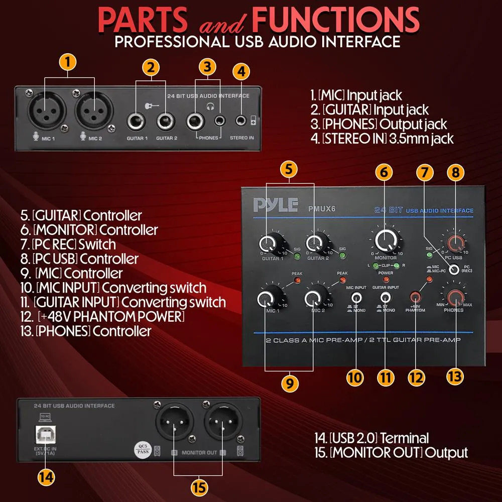 Professional Usb Audio Interface With Mic/Line, Guitar, Aux Stereo And Rca Inputs, Phone/Stereo/Monitor Outputs