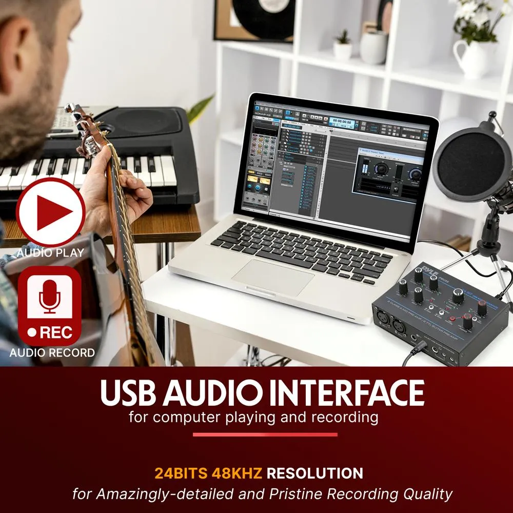 Professional Usb Audio Interface With Mic/Line, Guitar, Aux Stereo And Rca Inputs, Phone/Stereo/Monitor Outputs