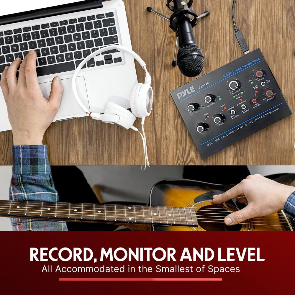 Professional Usb Audio Interface With Mic/Line, Guitar, Aux Stereo And Rca Inputs, Phone/Stereo/Monitor Outputs