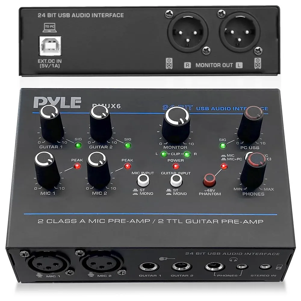 Professional Usb Audio Interface With Mic/Line, Guitar, Aux Stereo And Rca Inputs, Phone/Stereo/Monitor Outputs