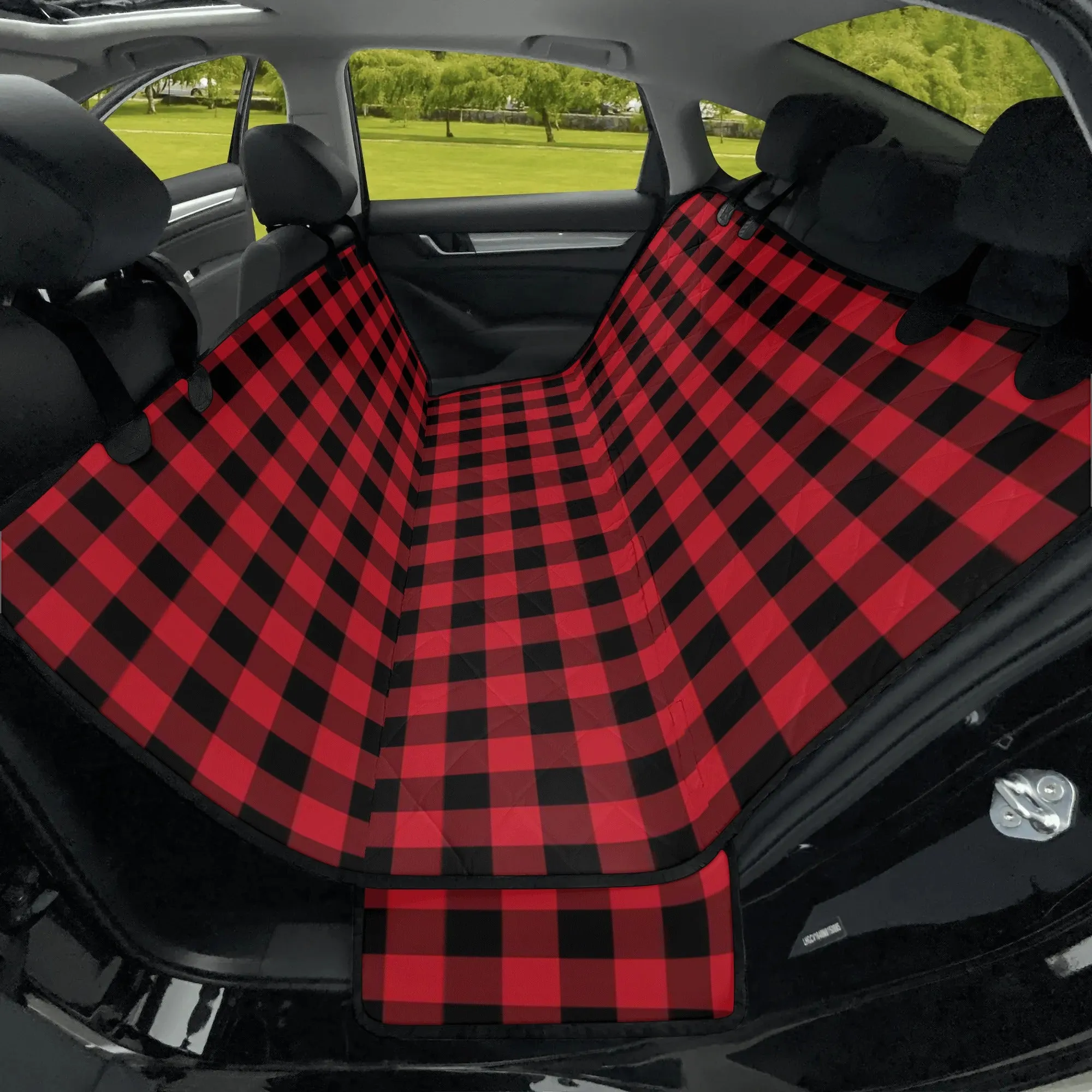 Red Black Buffalo Plaid Dog Back Seat Cover, Check Cat Protector Pets Waterproof Washable Vehicle Blanket SUV Auto Truck Accessory
