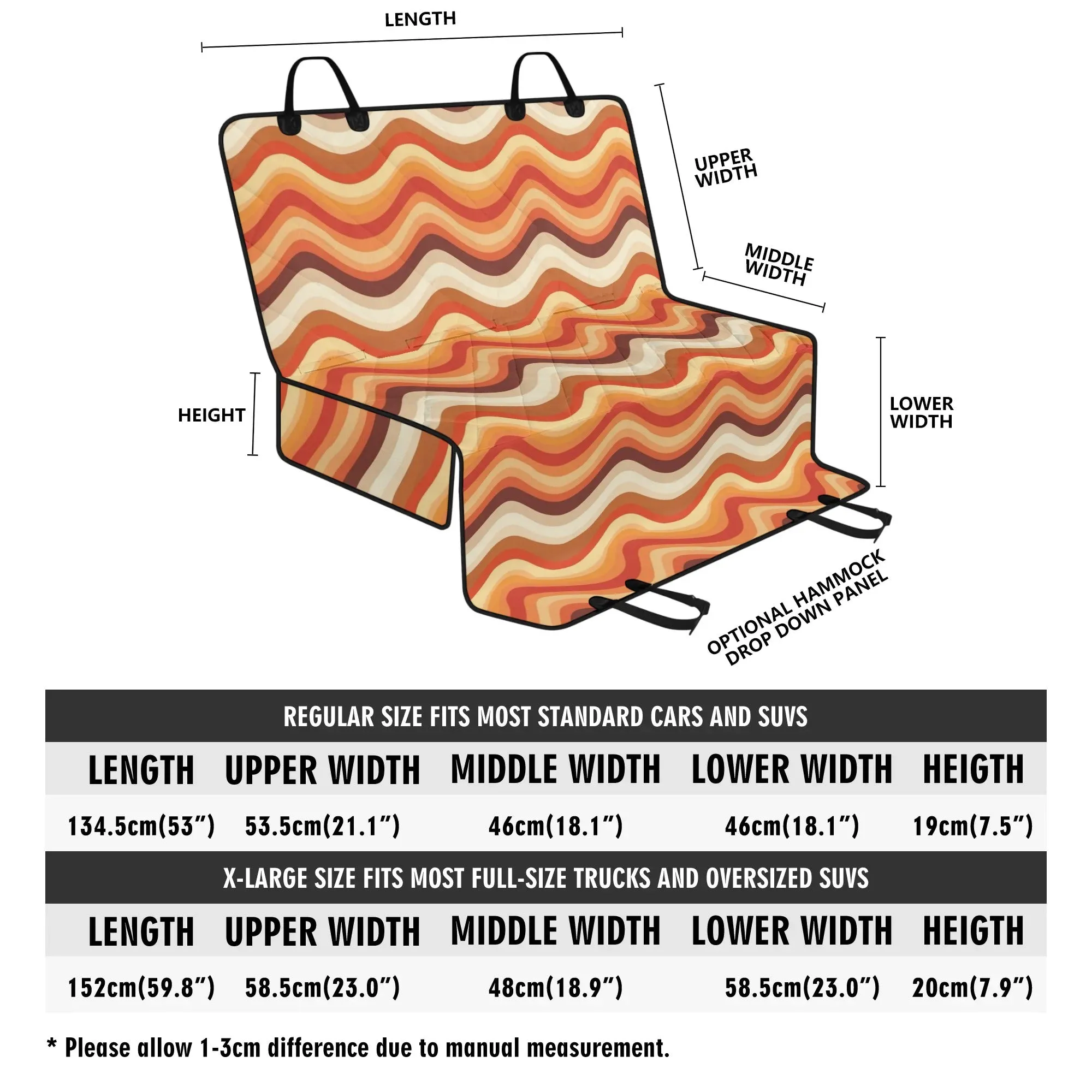 Retro Stripes Dog Back Seat Cover, Vintage Wavy 70s Groovy Orange Cat Protector Pets Waterproof Washable Vehicle Blanket SUV Auto Truck