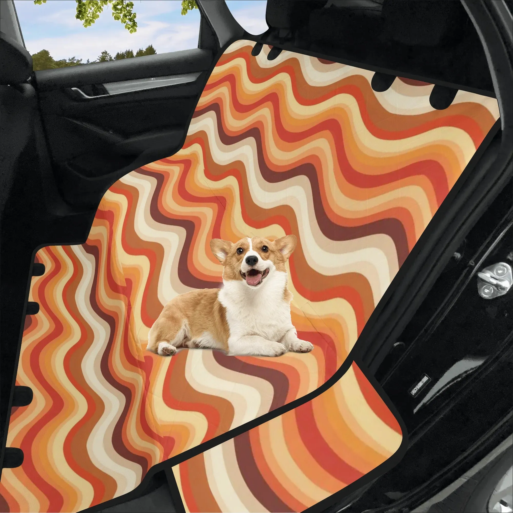 Retro Stripes Dog Back Seat Cover, Vintage Wavy 70s Groovy Orange Cat Protector Pets Waterproof Washable Vehicle Blanket SUV Auto Truck