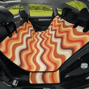 Retro Stripes Dog Back Seat Cover, Vintage Wavy 70s Groovy Orange Cat Protector Pets Waterproof Washable Vehicle Blanket SUV Auto Truck