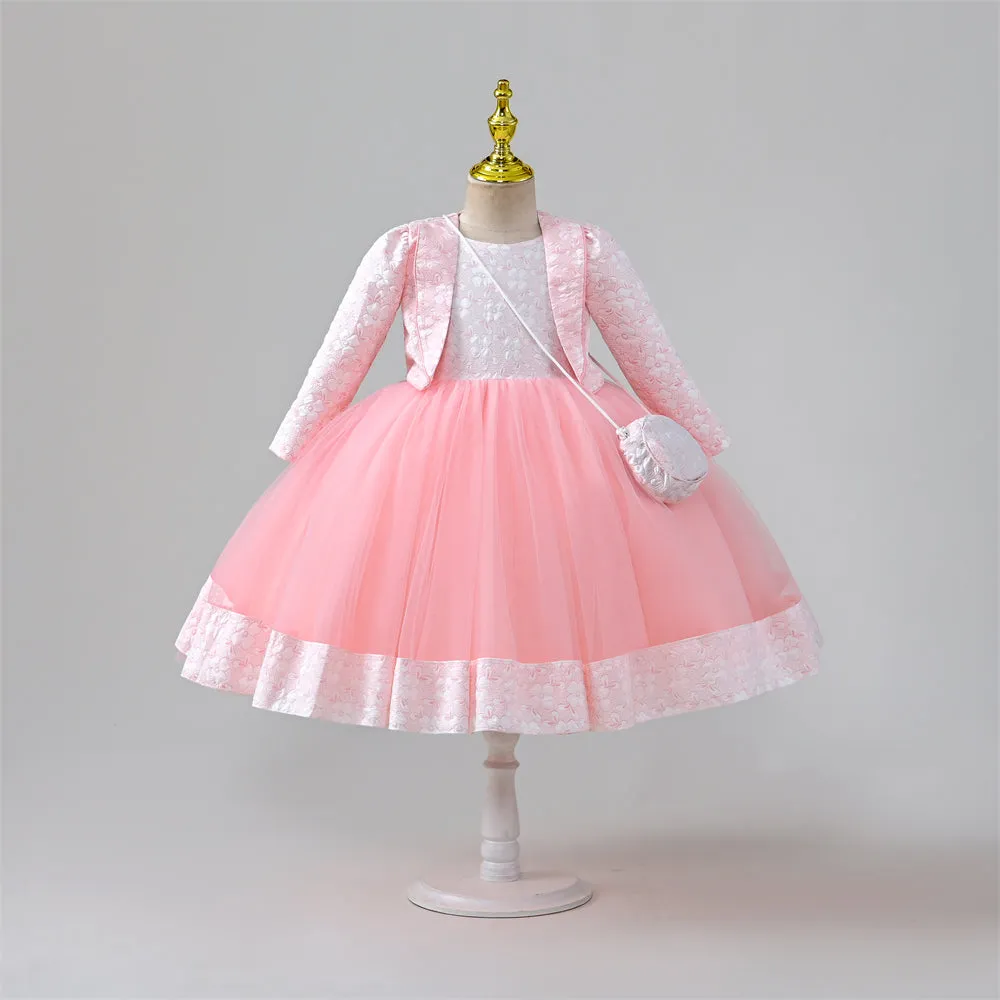 RU097 2 to 7 Years Yoliyolei Cardigan Children Girl Dress Birthday Long Sleeve Jacquard Ball Gown Kids Dress Princess With Bag For 5 Years