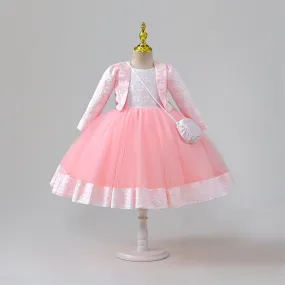 RU097 2 to 7 Years Yoliyolei Cardigan Children Girl Dress Birthday Long Sleeve Jacquard Ball Gown Kids Dress Princess With Bag For 5 Years