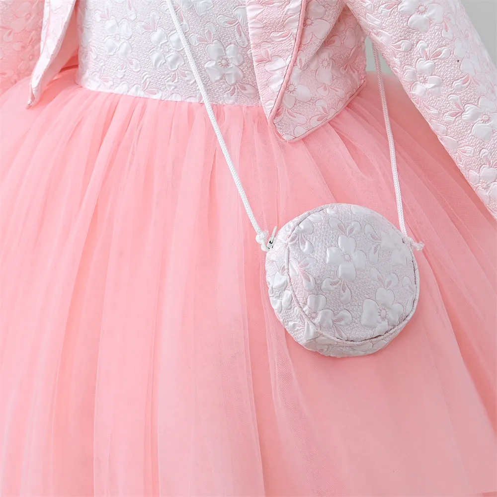 RU097 2 to 7 Years Yoliyolei Cardigan Children Girl Dress Birthday Long Sleeve Jacquard Ball Gown Kids Dress Princess With Bag For 5 Years