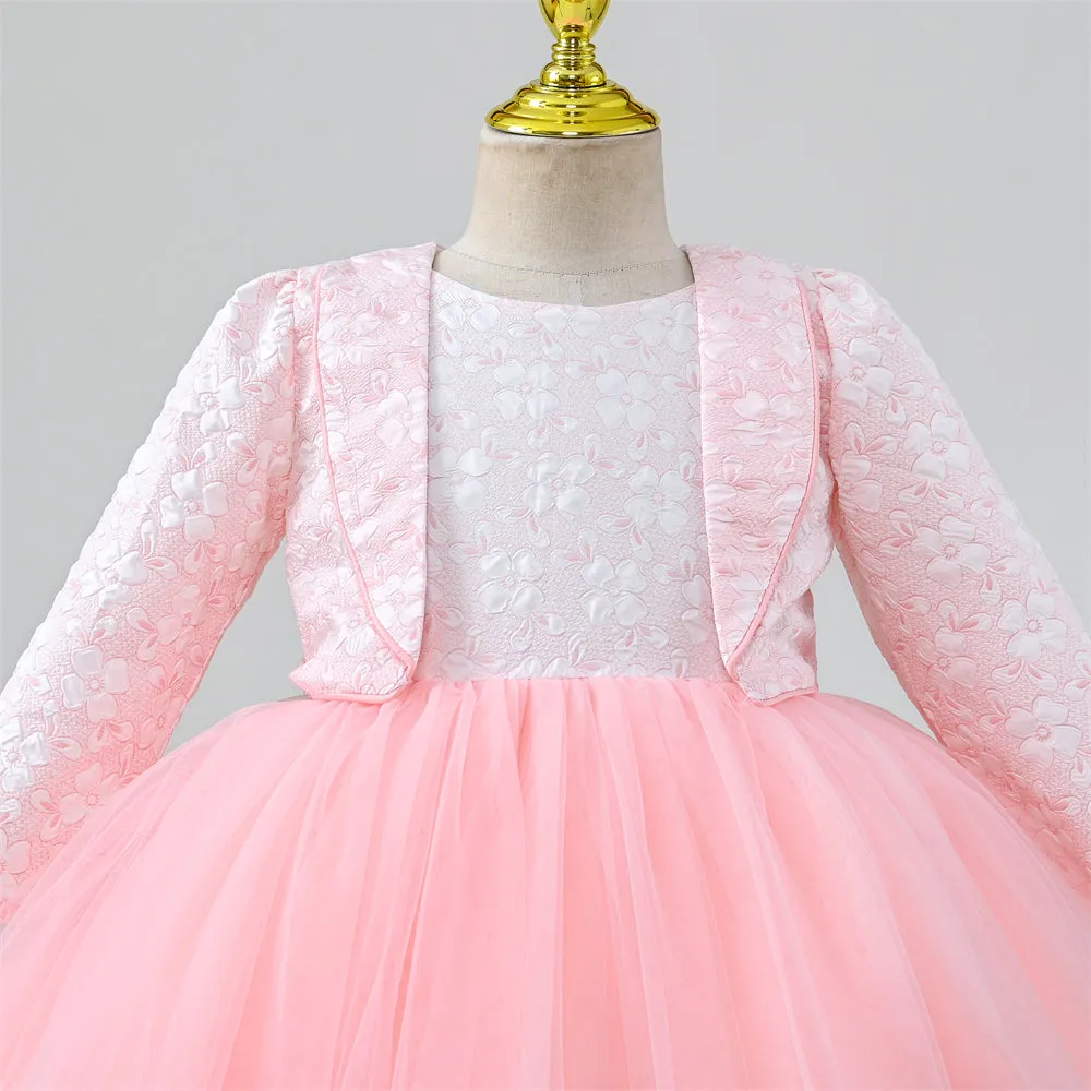 RU097 2 to 7 Years Yoliyolei Cardigan Children Girl Dress Birthday Long Sleeve Jacquard Ball Gown Kids Dress Princess With Bag For 5 Years